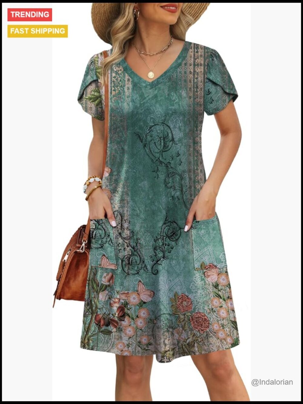 Tulip Petal Short Sleeve V Neck Loose Swing Sundress with Pockets